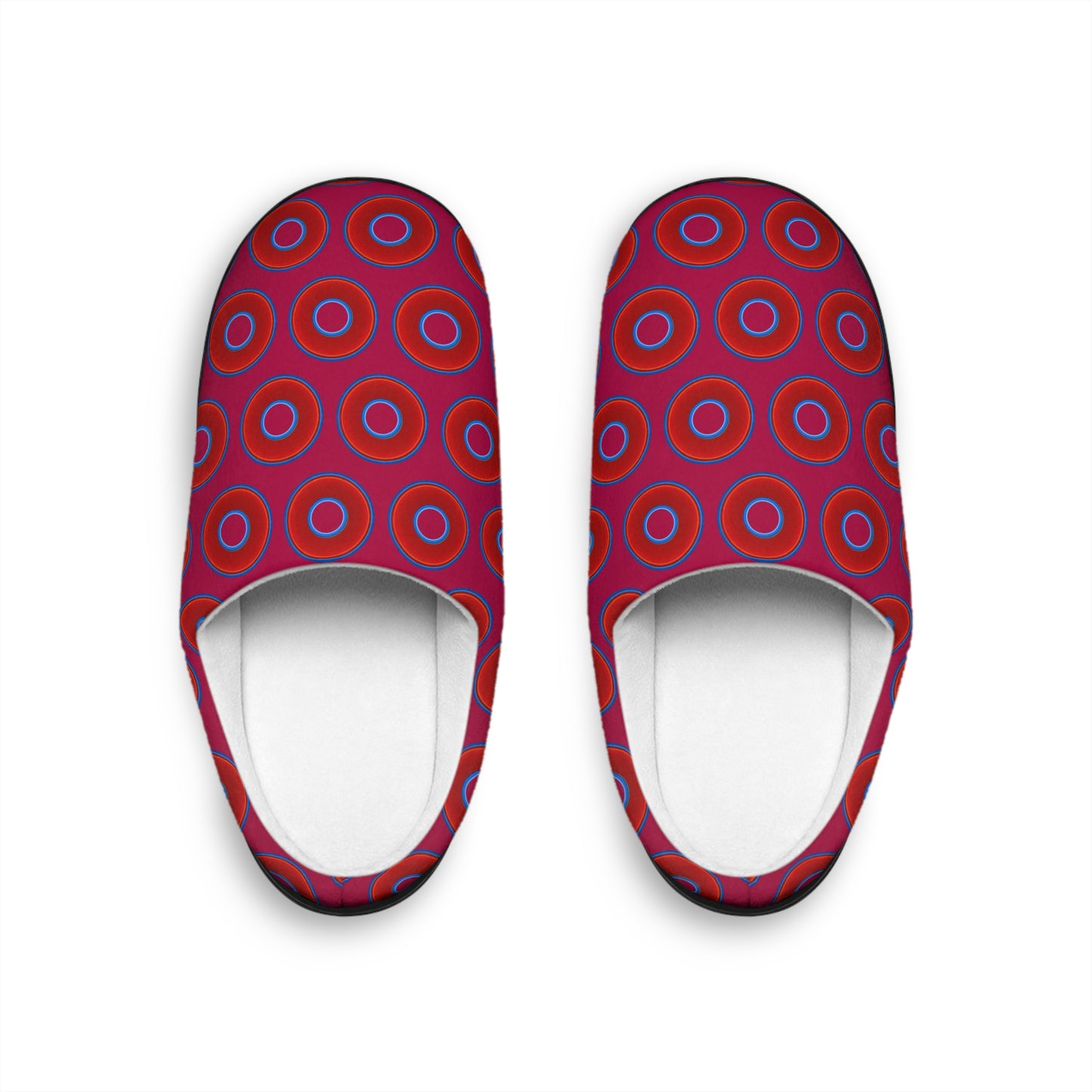 Women's Lumpy Slippers - red vivid donut print w/dark magenta background