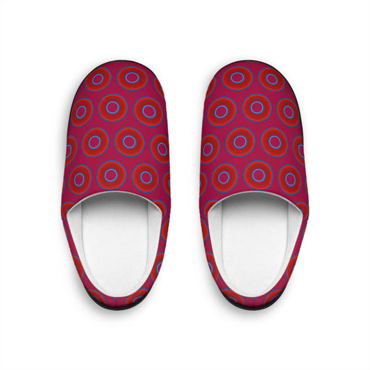 Women's Lumpy Slippers - red vivid donut print w/dark magenta background