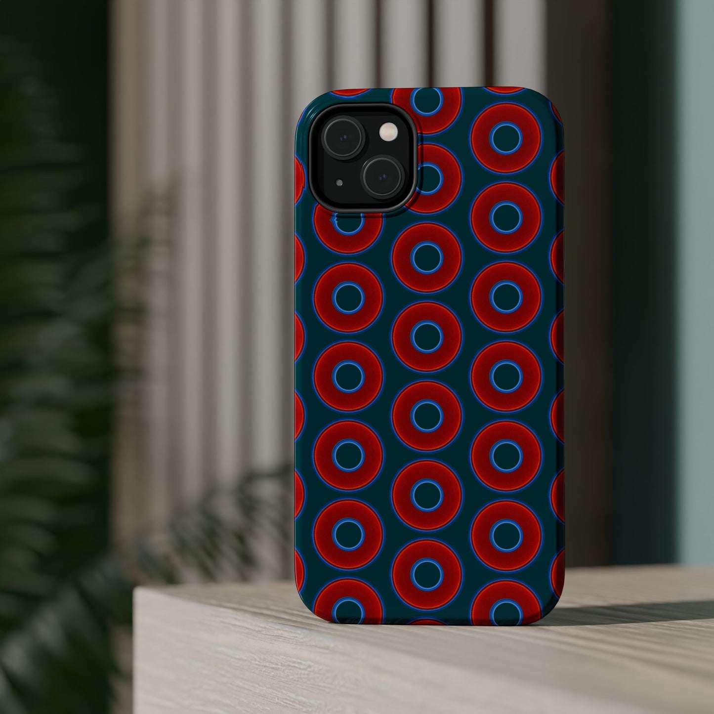 Magnetic Tough Donut Case - red vivid donut print w/midnight green background