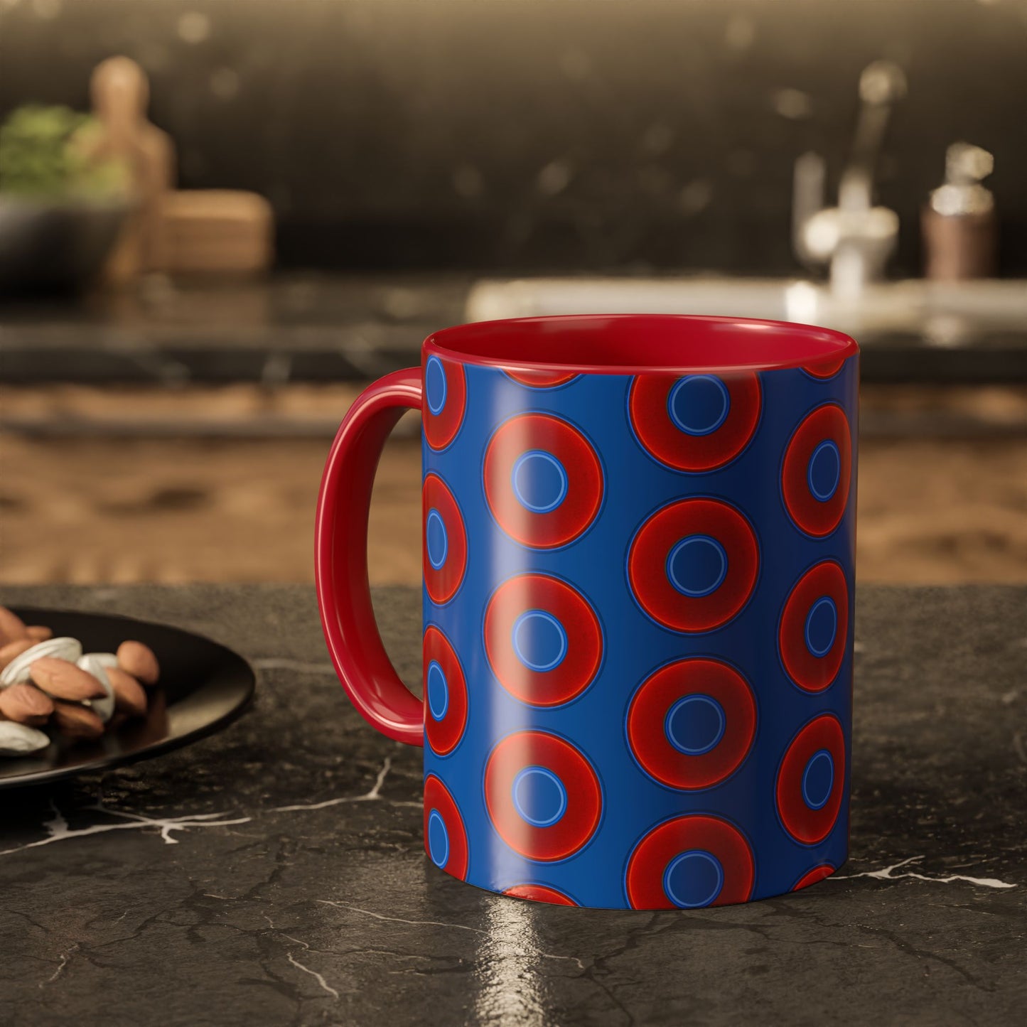 Lump's Grumpy Coffee Mug - vivid red donuts w/dark royal blue background