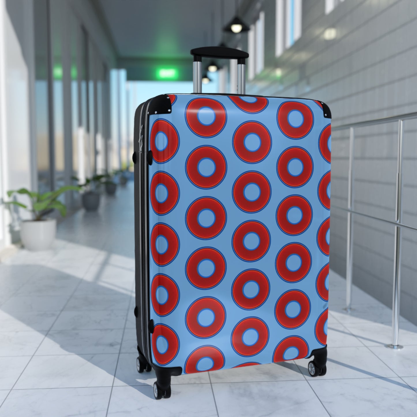 The Very Lumpy Donut Suitcase series - your choice of S, M or L - vivid red donut print w/light blue background