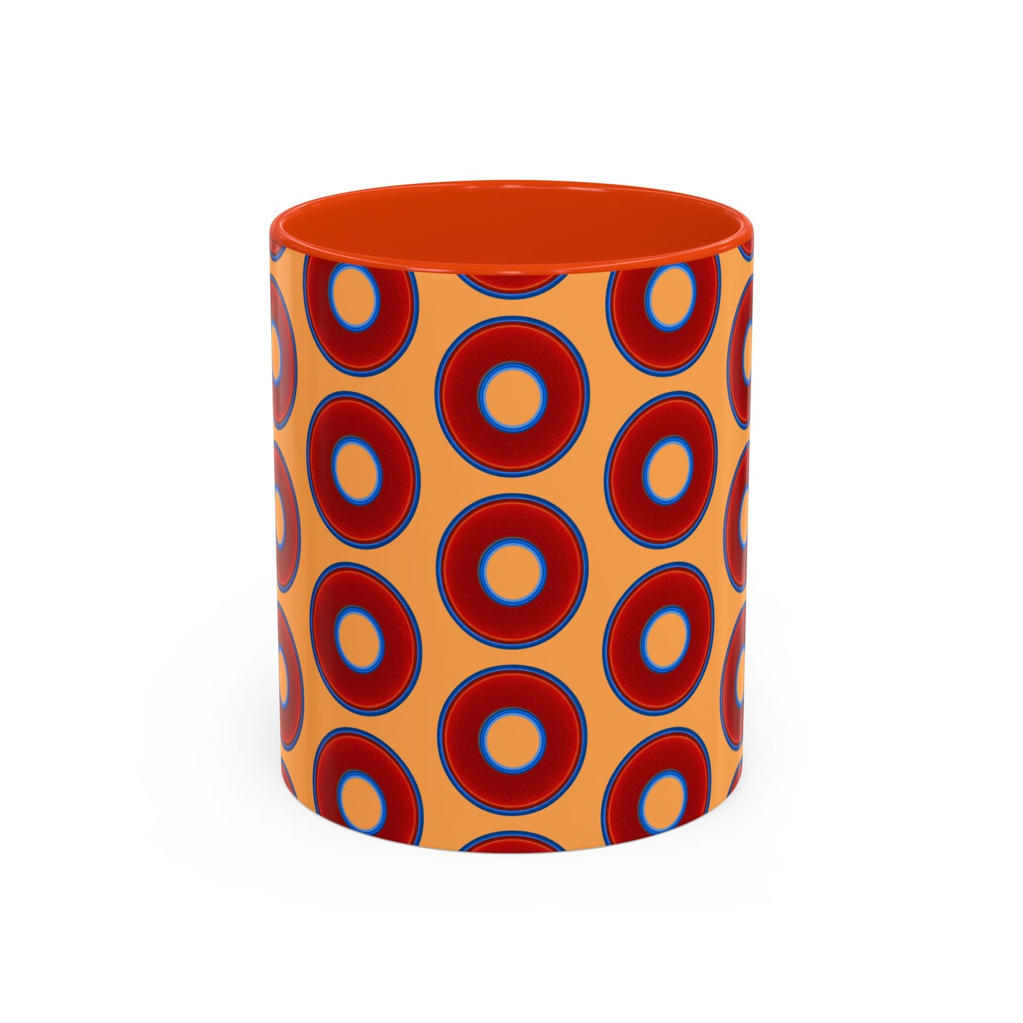 Lump's Grumpy Coffee Mug - vivid red donuts w/creamsicle orange background