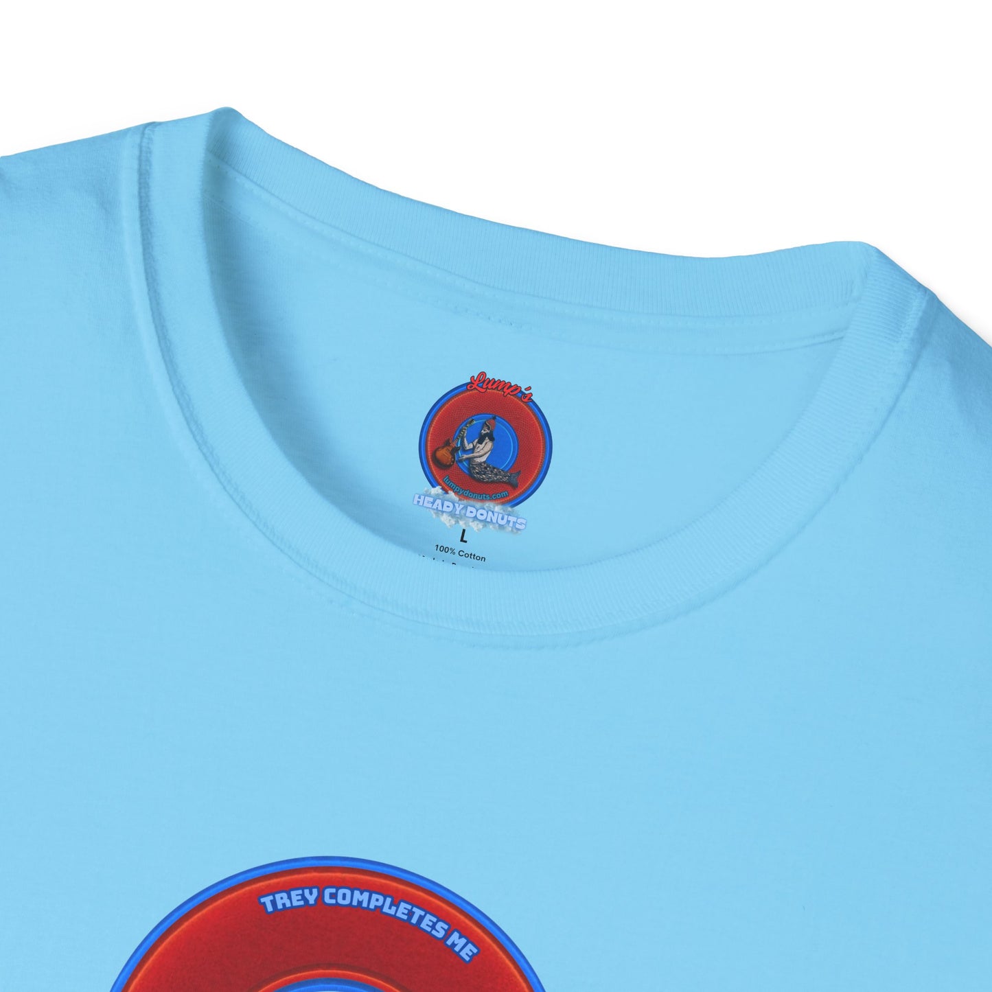 Classic Donut Tee - Unisex Soft-Style - "Trey's Completed Donut" - vivid red/blue donut
