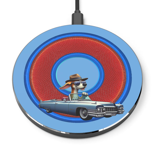 The Flow - Wireless Lumpy Donut Chargers - "Jimmy's Runaway Wireless Charger" - rustic red donut w/light  blue background - variant 1