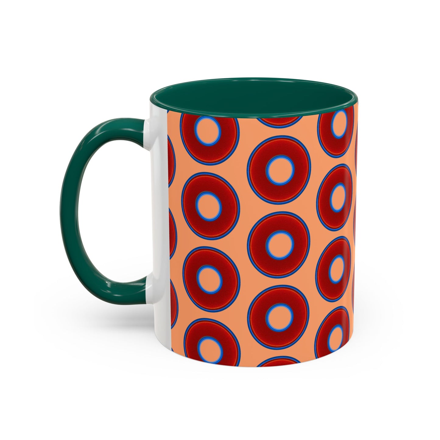 Lump's Grumpy Coffee Mug - vivid red donuts w/peach background