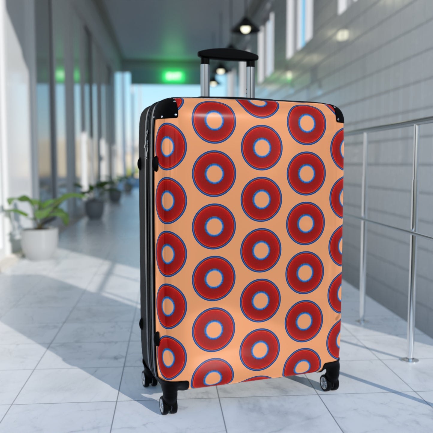 The Very Lumpy Donut Suitcase series - your choice of S, M or L - vivid red donut print w/peach background