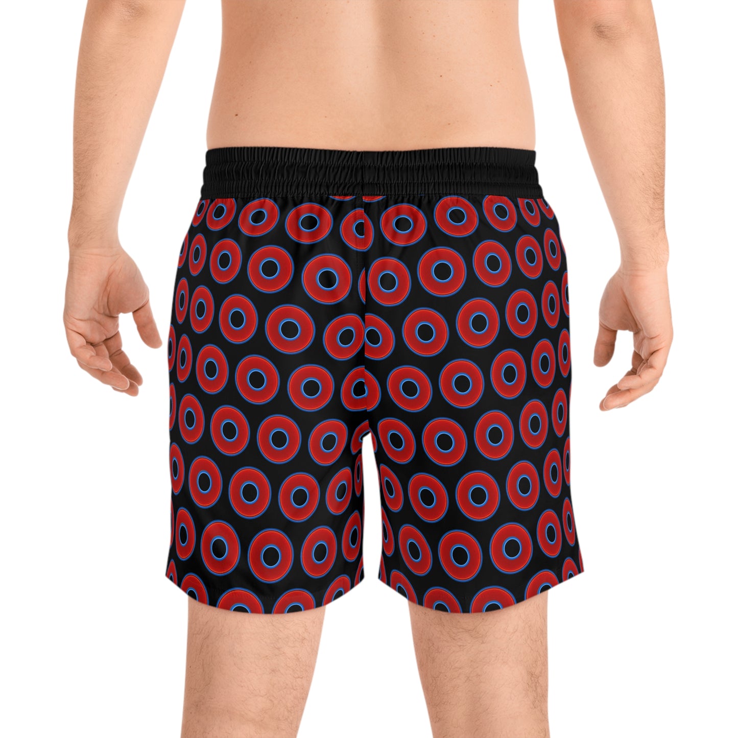 Men's Lumpy Swim Trunks - vivid red donut print w/black background