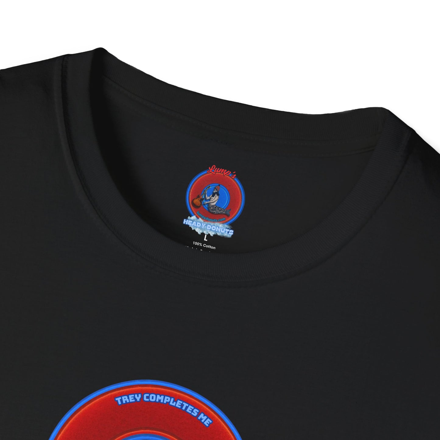 Classic Donut Tee - Unisex Soft-Style - "Trey's Completed Donut" - vivid red/blue donut