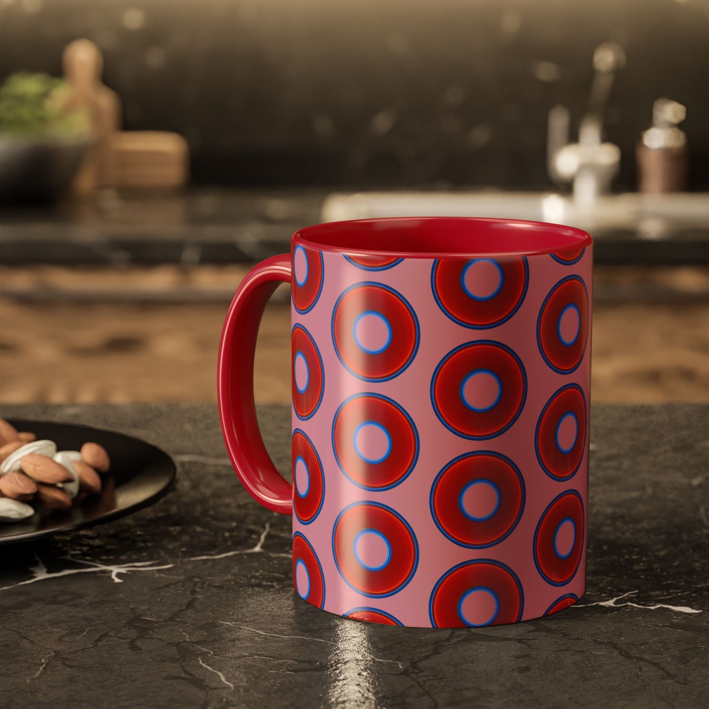 Lump's Grumpy Coffee Mug - vivid red donuts w/pink background