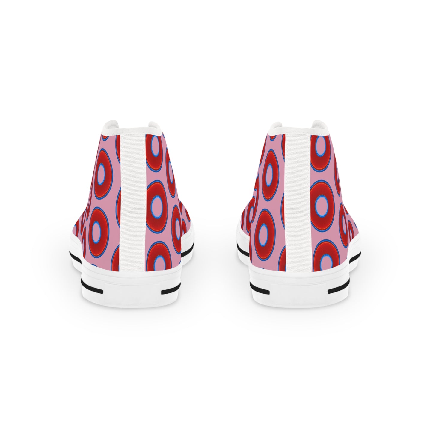 Men's High Top Chucks - large vivid red donut print w/pale magenta background