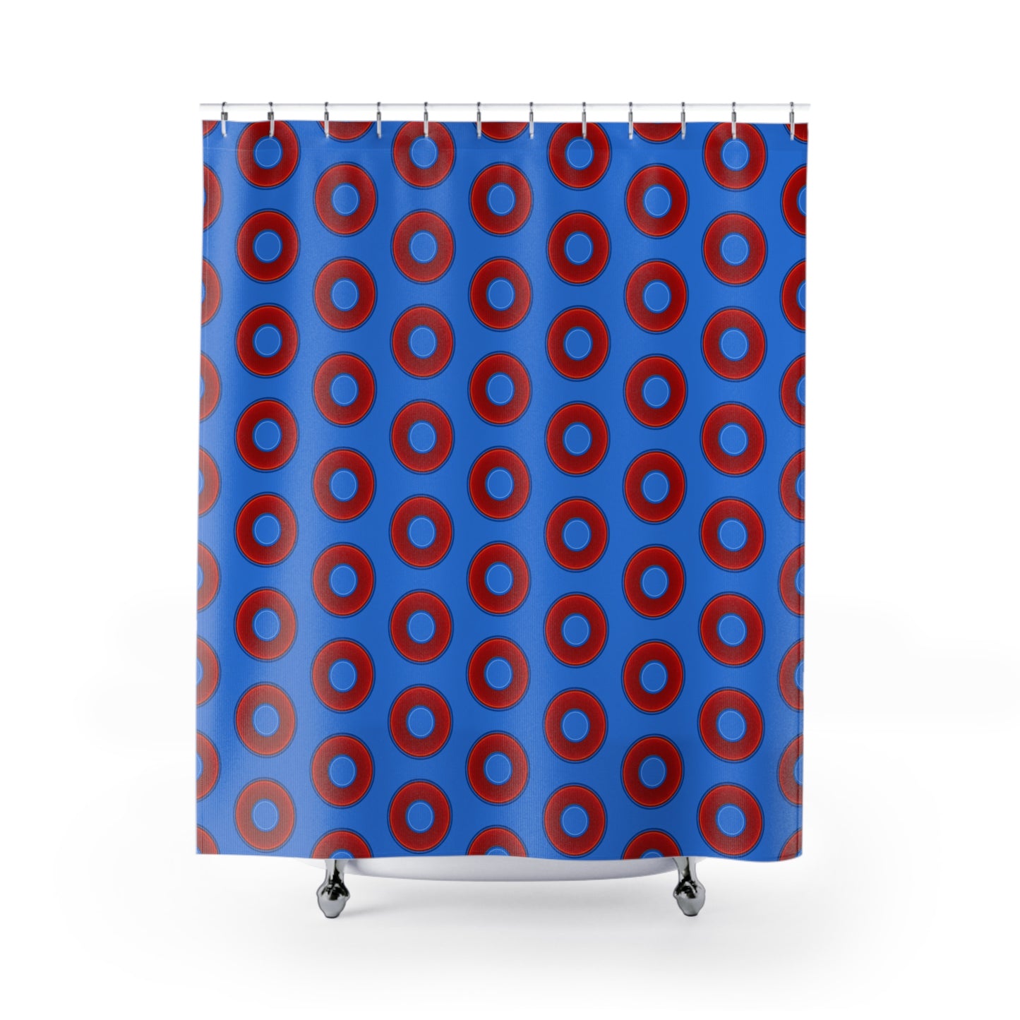 The Curtain With "Donuts" - Lumpy Bath Time Fun - vivid red donuts w/light royal blue background
