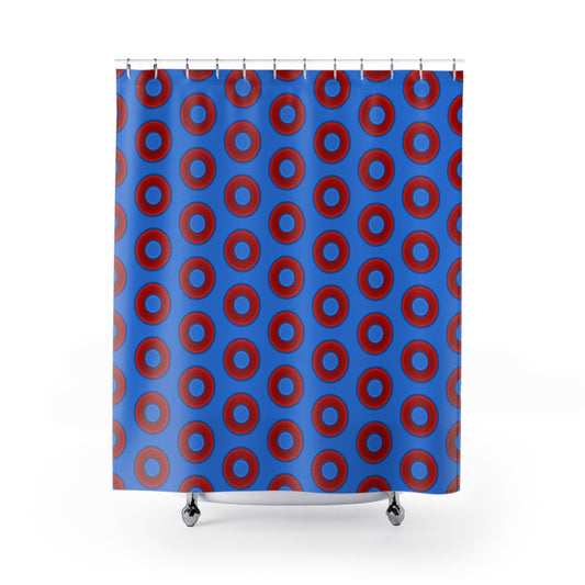 The Curtain With "Donuts" - Lumpy Bath Time Fun - vivid red donuts w/light royal blue background