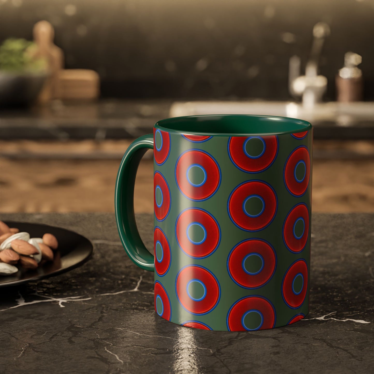Lump's Grumpy Coffee Mug - vivid red donuts w/Fenway green background