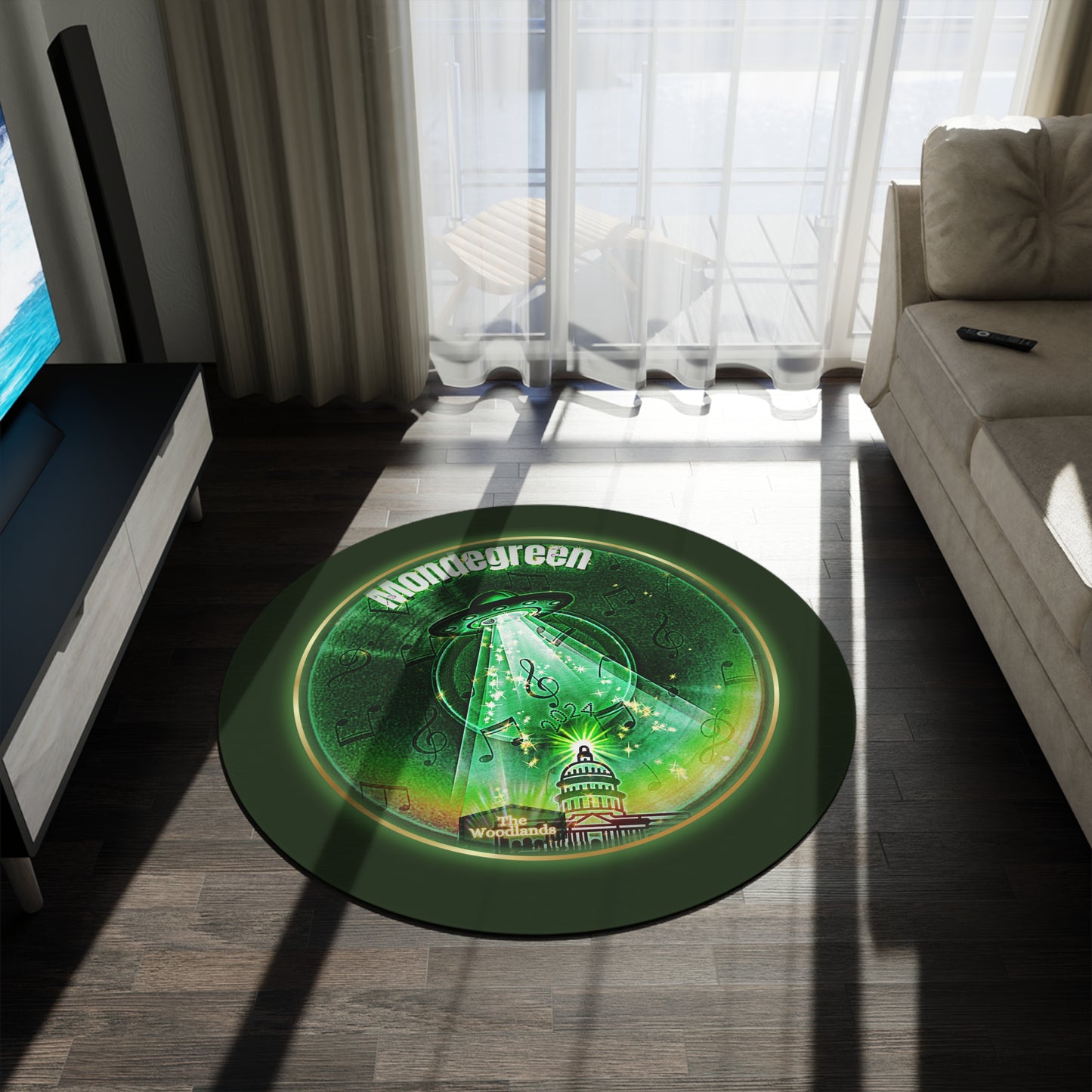 Round Room - 5 ft x 5 ft Lumpy Donut Rug - "Close Encounters of the Delaware Kind" - vivid green record donut w/deep forest green background - variant 2