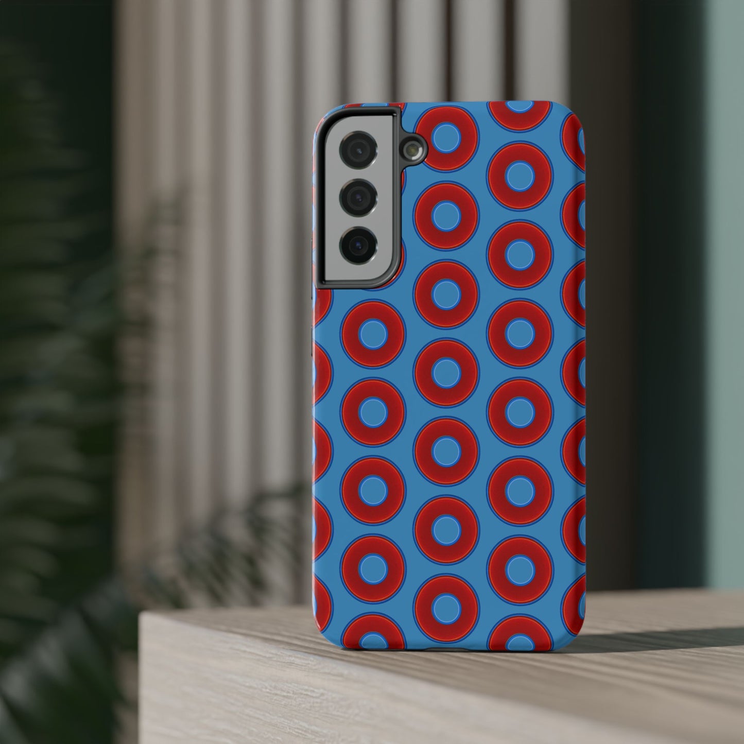 Impact-Resistant Lumpy Donut Case - red vivid donut print w/light steel blue background