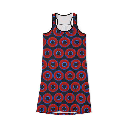 Tela's Lumpy Racerback Donut Dress - red vivid donut print w/dark teal blue elite background