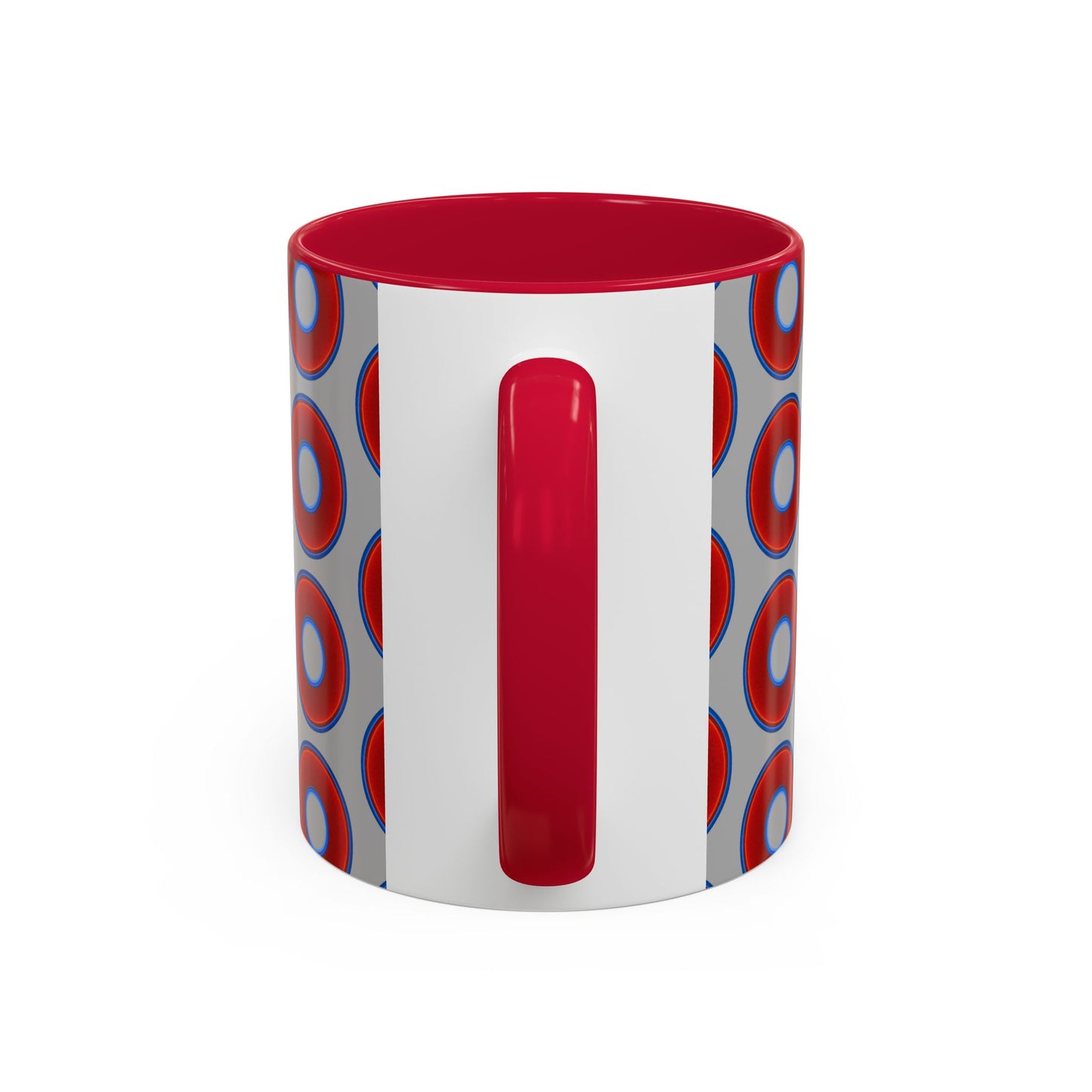 Lump's Grumpy Coffee Mug - vivid red donuts w/light gray background