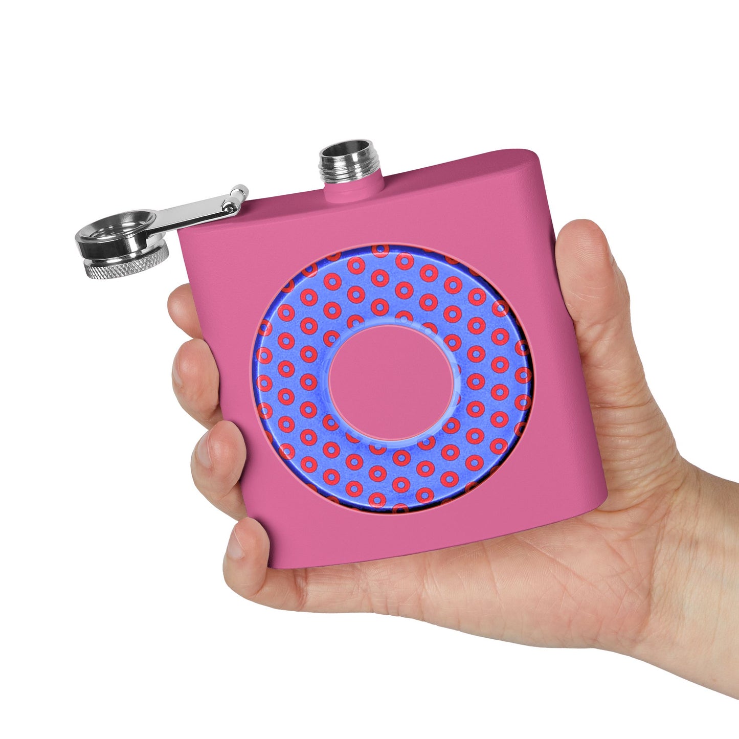 Lump's Donut Flask 6 oz -  Light Blue/Red Electric Paradox Donut - [*w/your choice of 5 backgrounds]
