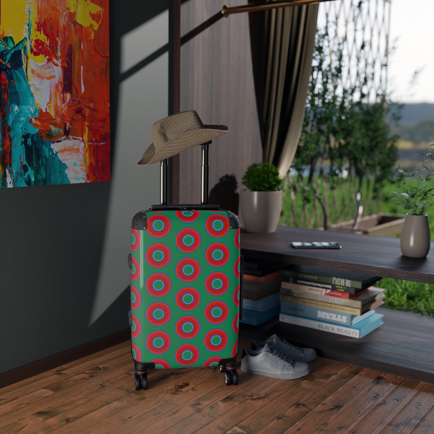 The Very Lumpy Donut Suitcase series - your choice of S, M or L - vivid red donut print w/green background