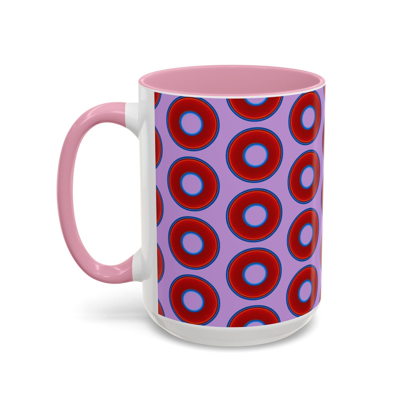Lump's Grumpy Coffee Mug - vivid red donuts w/wisteria purple background