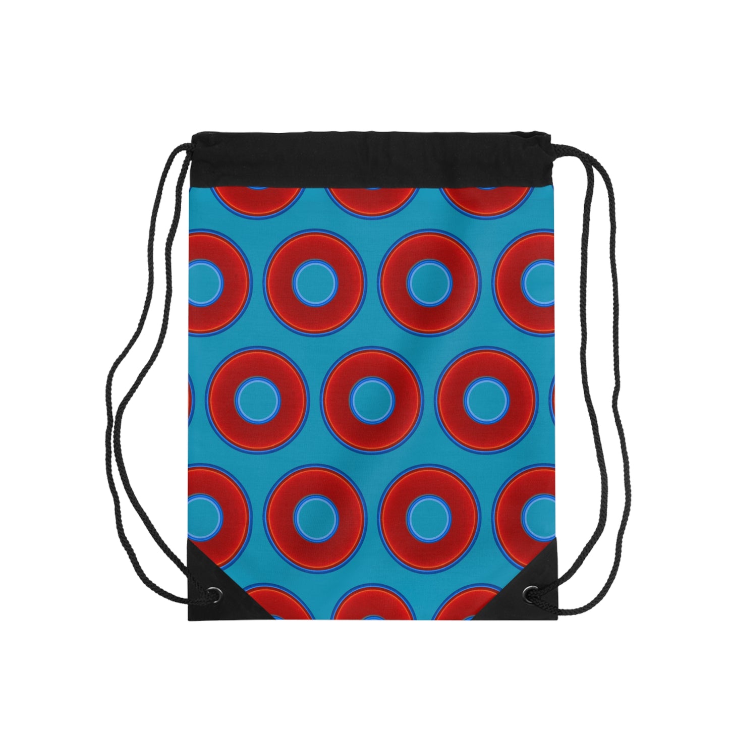 Lumpy Donut Drawstring Bag - red vivid donuts print w/aquamarine blue background