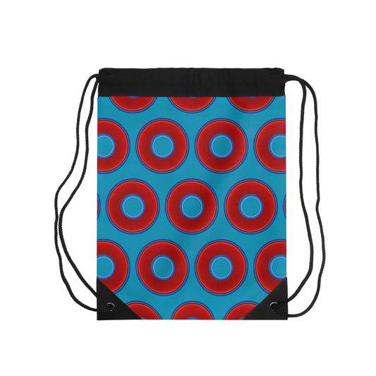 Lumpy Donut Drawstring Bag - red vivid donuts print w/aquamarine blue background