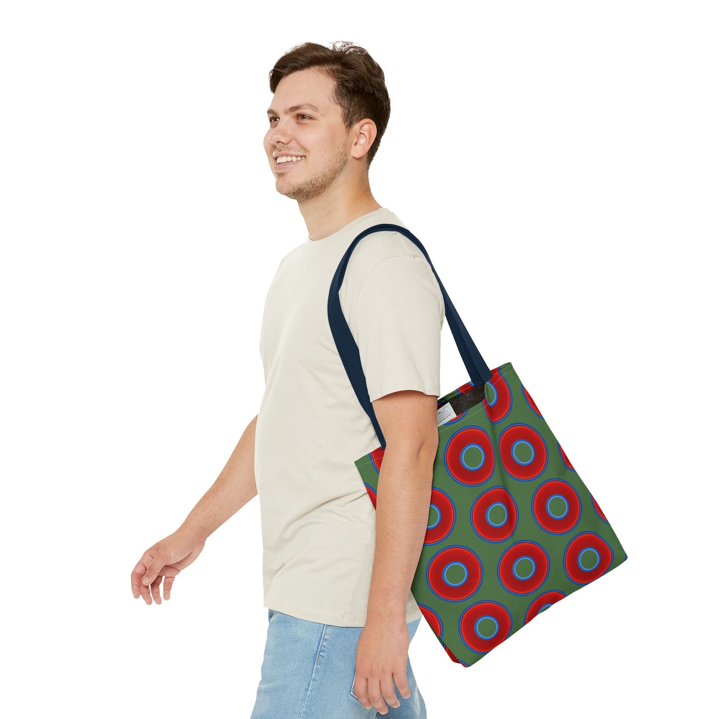 Lumpy Beach/Tote Bag - red vivid donuts w/dark Fenway green background