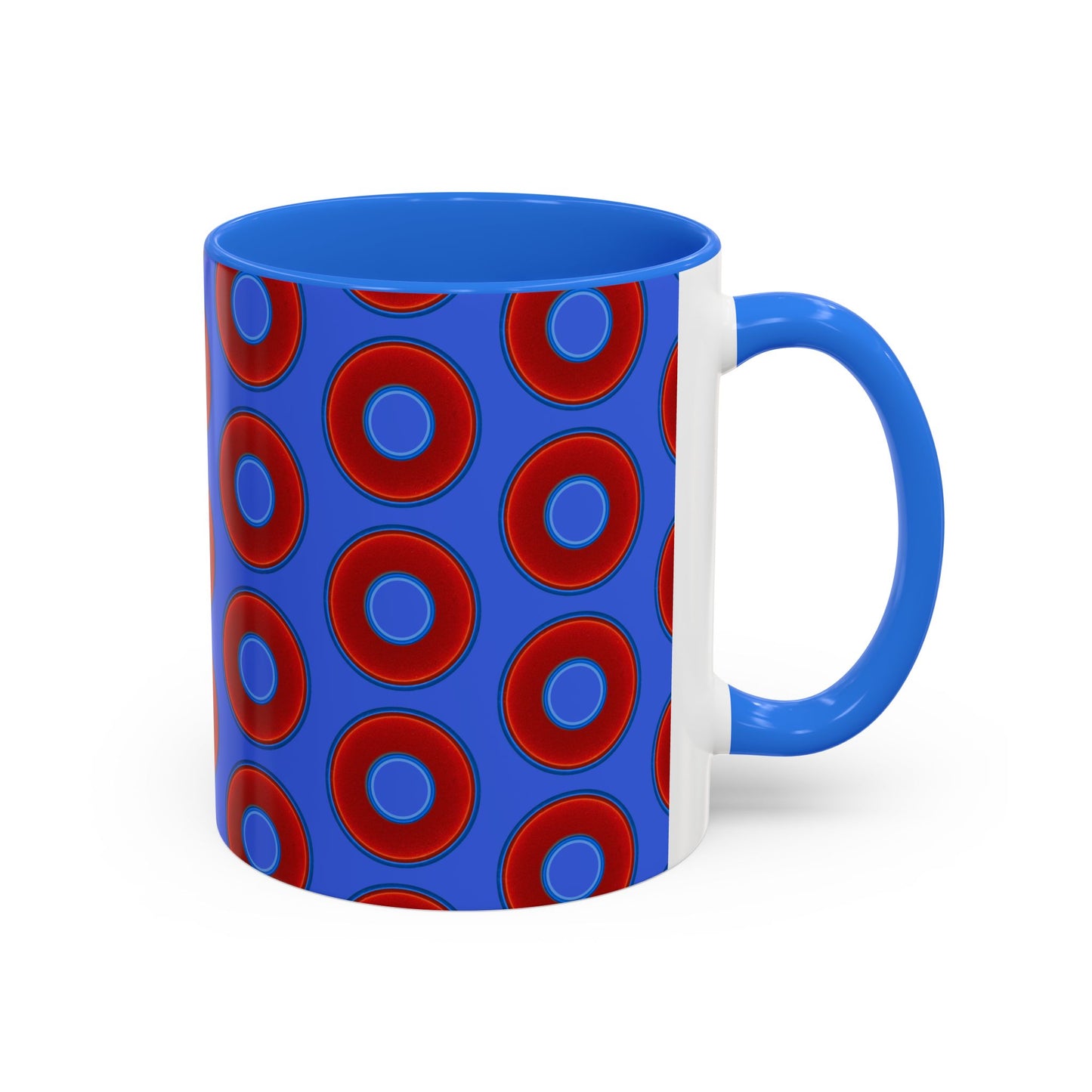 Lump's Grumpy Coffee Mug - vivid red donuts w/royal blue background