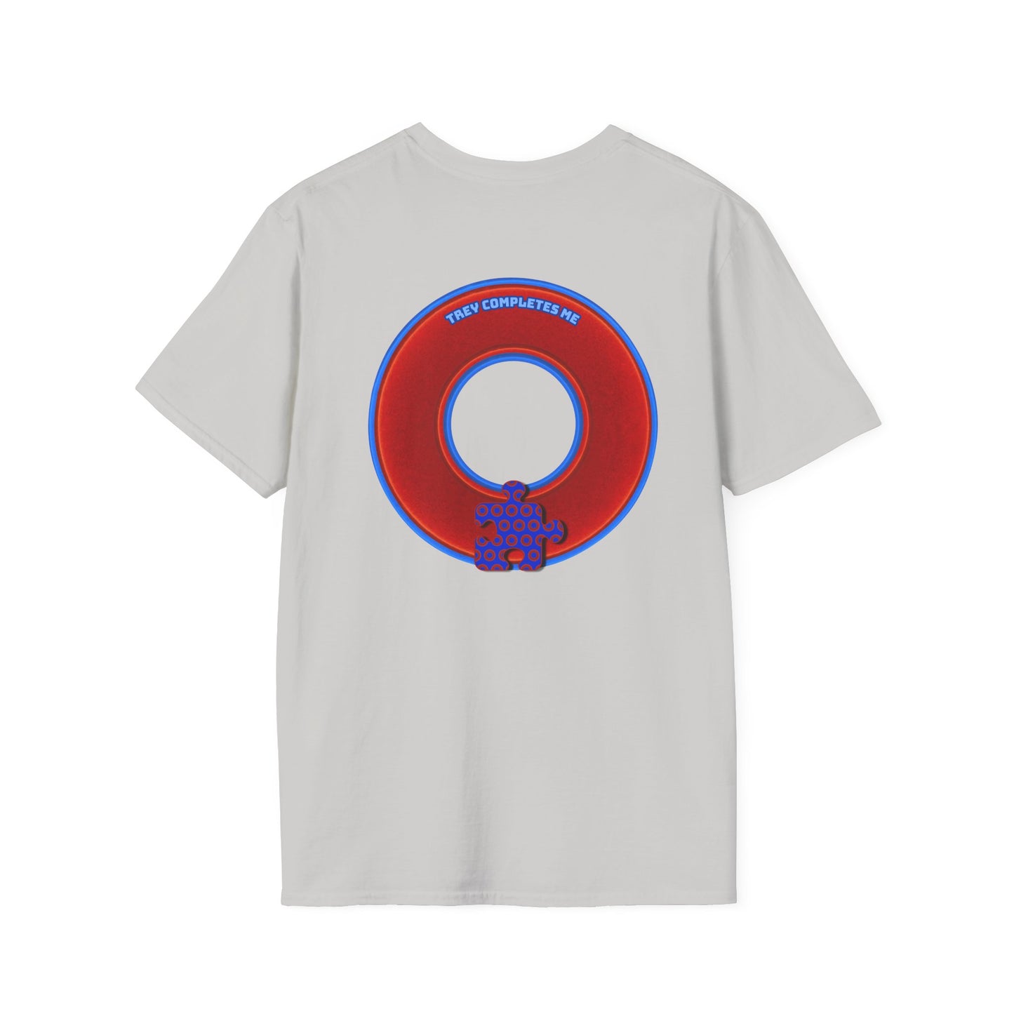 Classic Donut Tee - Unisex Soft-Style - "Trey's Completed Donut" - vivid red/blue donut