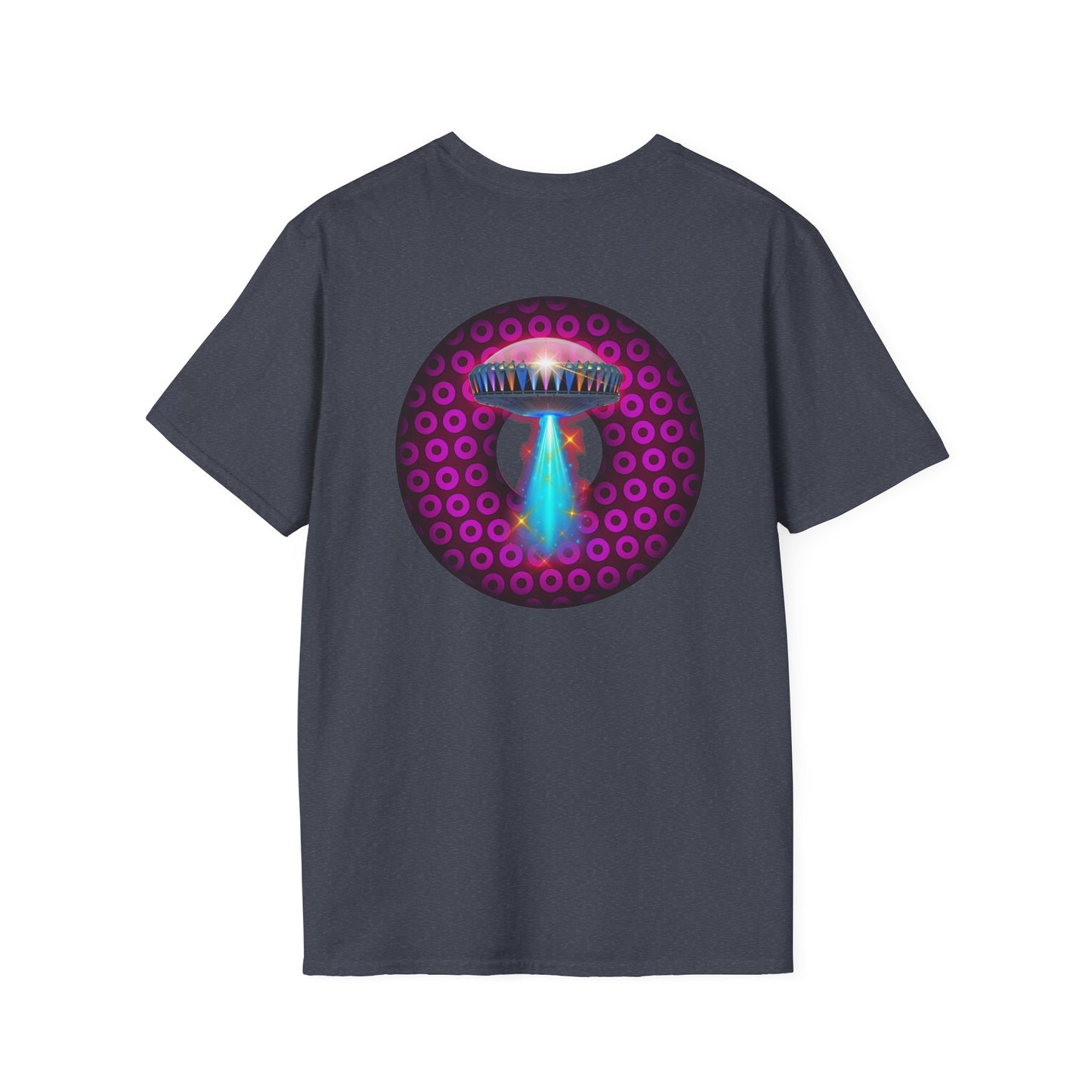 Coffee Traders Tee - Unisex Soft-Style - "Blastoff " - paradoxical donuts - variant 2 - logo front/mothership back