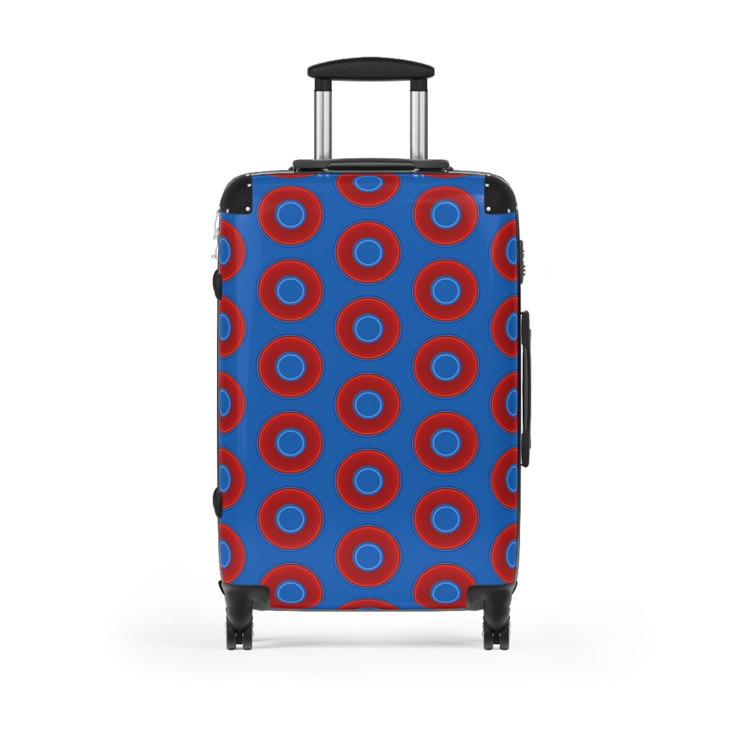 The Very Lumpy Donut Suitcase series - your choice of S, M or L - vivid red donut print w/dark royal blue background