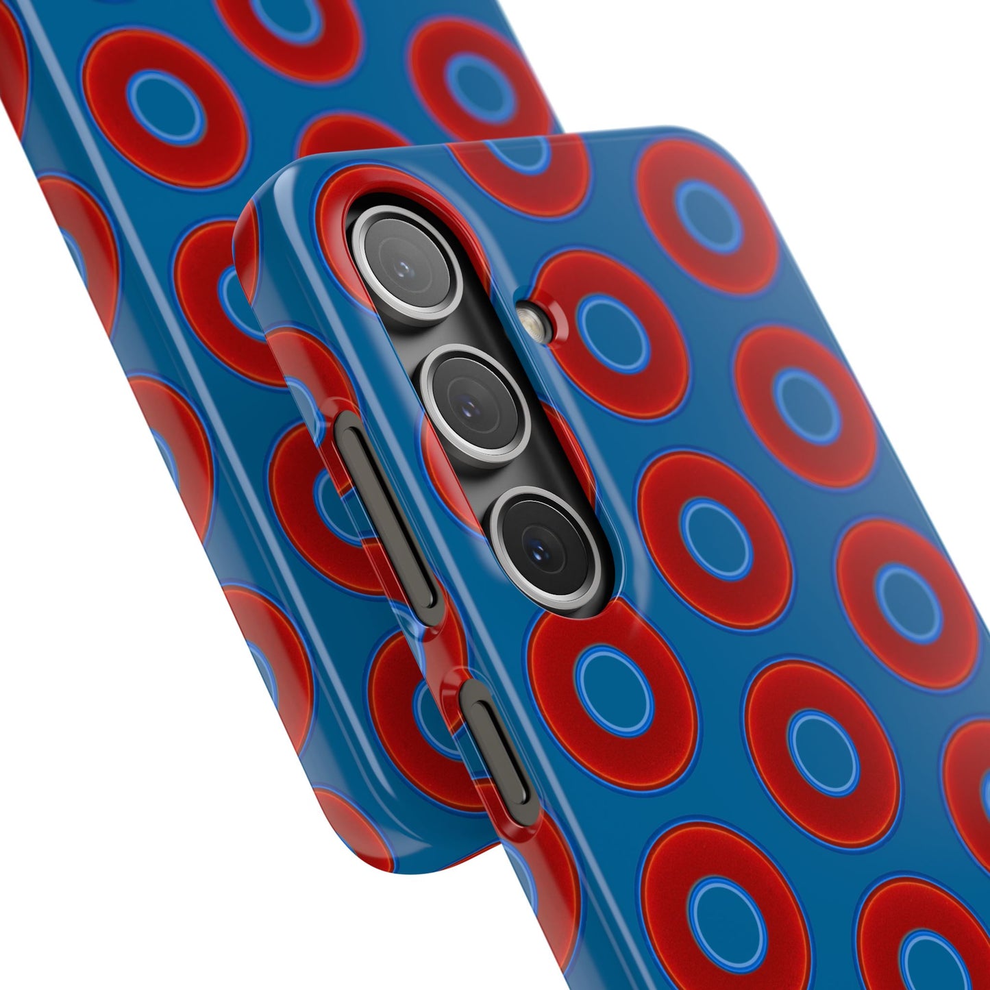 Lumpy Donut Snap Case - red vivid donut print w/wavy navy blue background