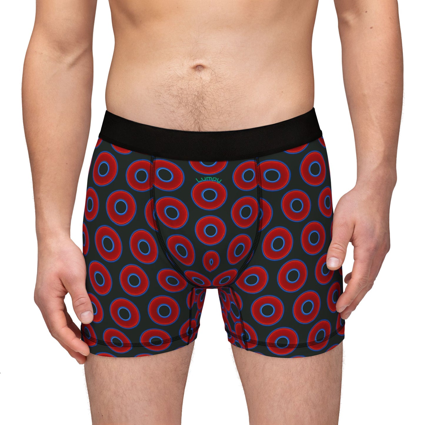 Men's Donut Boxers - red vivid donuts w/midnight moss green background