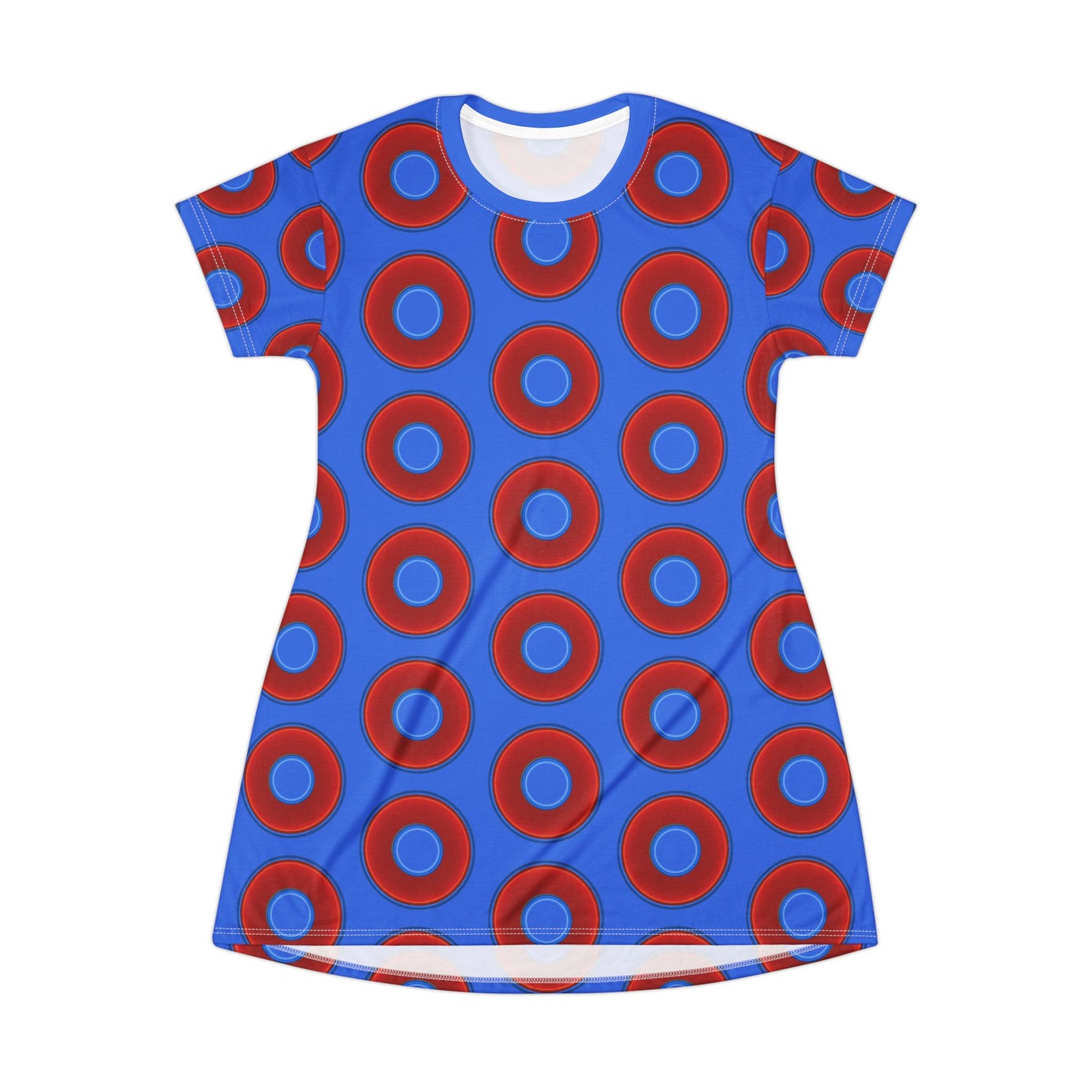 Not a Muumuu AOP Tee Shirt Dress - red vivid donuts w/medium royal blue background