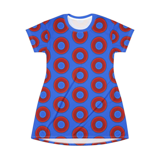 Not a Muumuu AOP Tee Shirt Dress - red vivid donuts w/medium royal blue background