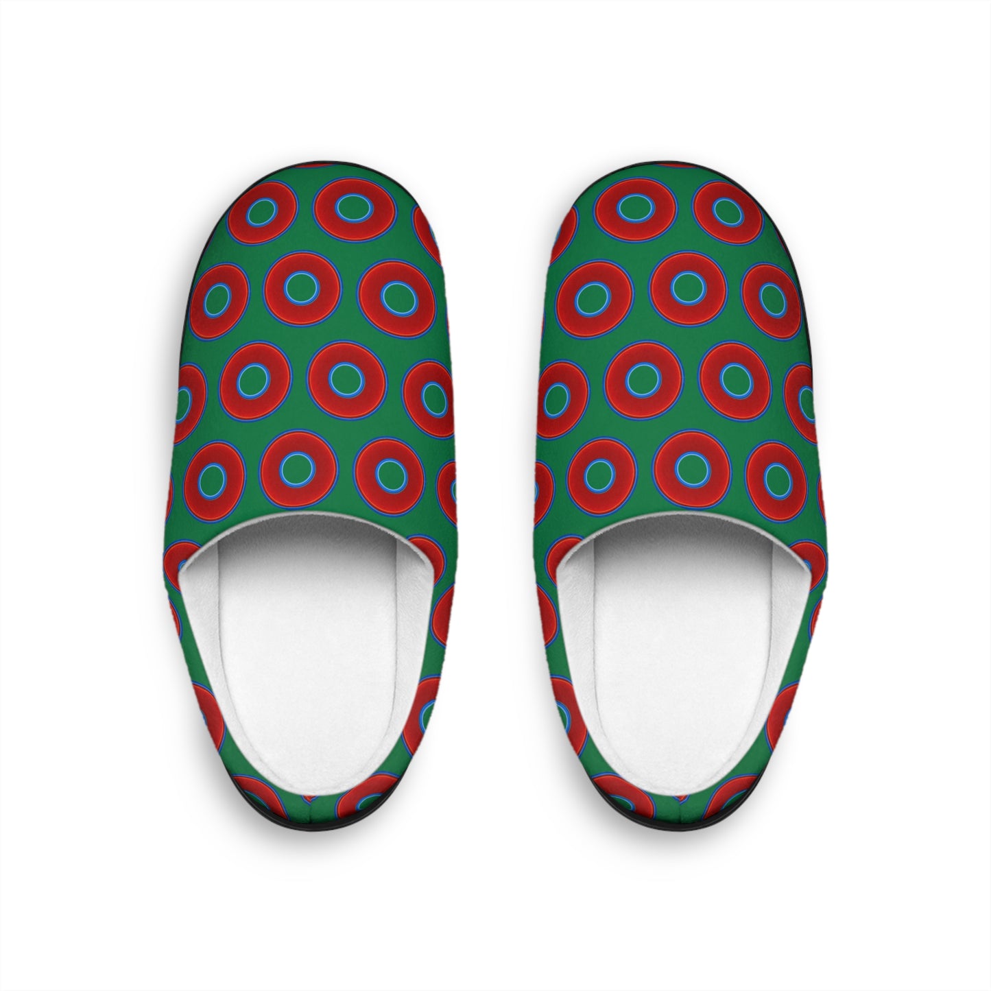 Women's Lumpy Slippers - red vivid donut print w/green background