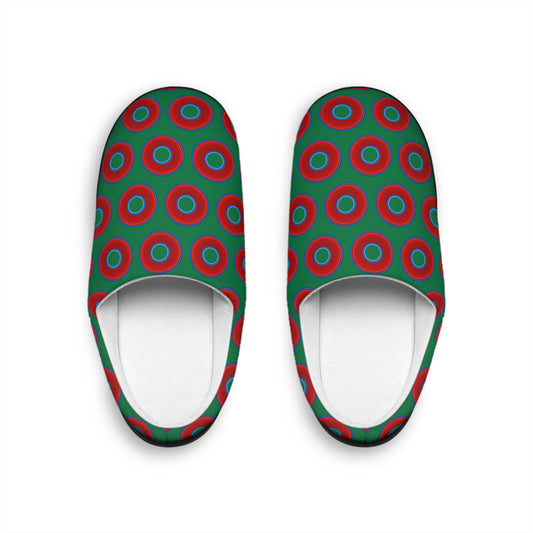 Women's Lumpy Slippers - red vivid donut print w/green background