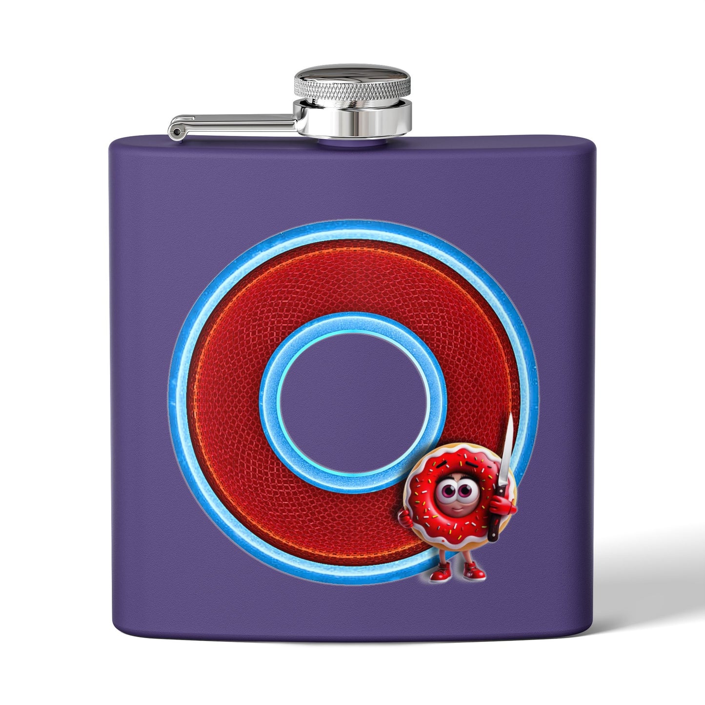 Lump's Donut Flask 6 oz -  "My Phriend, My Phriend the Donut's Flask" - red/light blue rustic donut - [*w/your choice of 6 backgrounds]