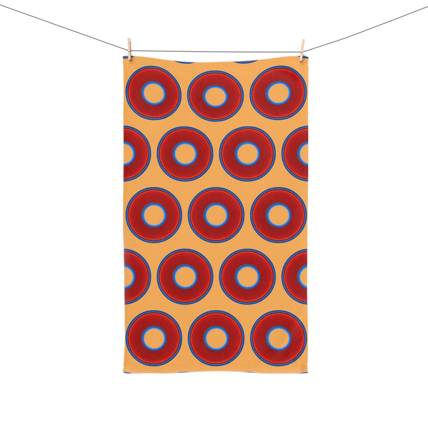 Lumpy Kitchen/Hand Towels - vivid red donuts w/creamsicle orange background