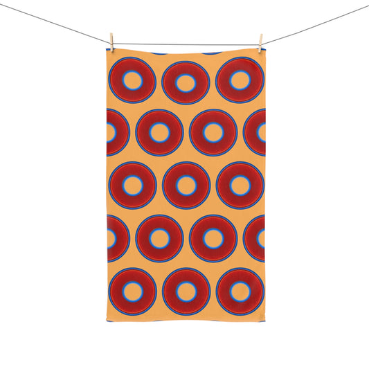 Lumpy Kitchen/Hand Towels - vivid red donuts w/creamsicle orange background