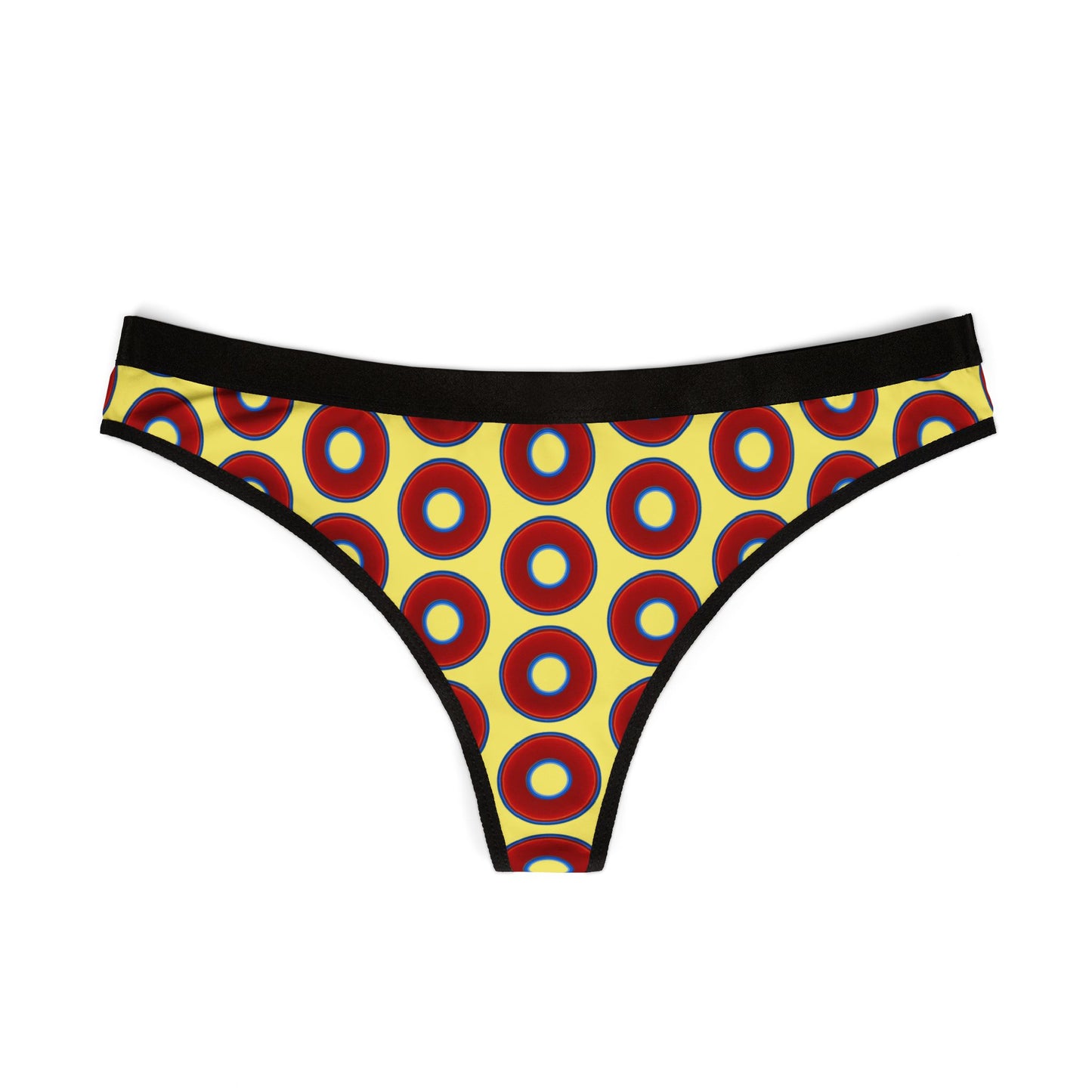 Lumpy Donut Thongs - red vivid donut print w/yellow background