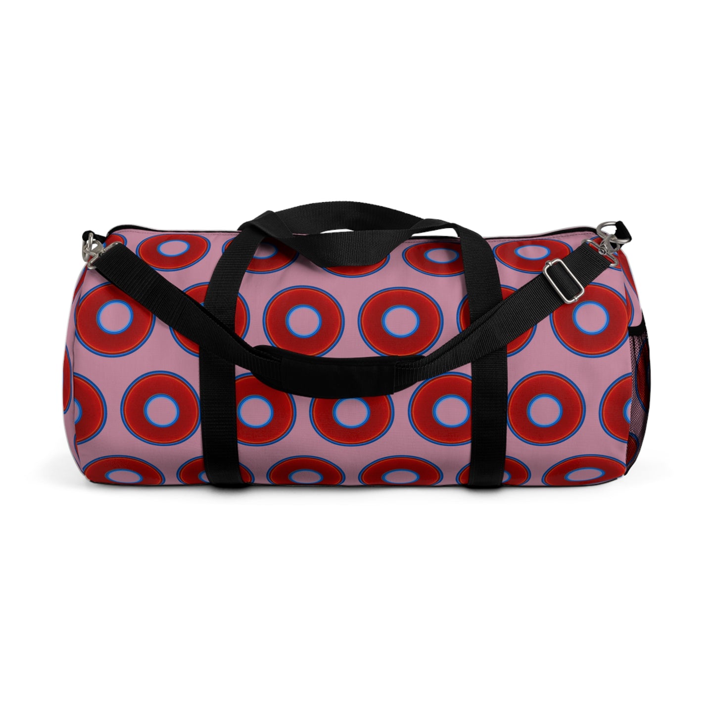 Lumpy Duffel - vivid red donuts w/pale magenta background
