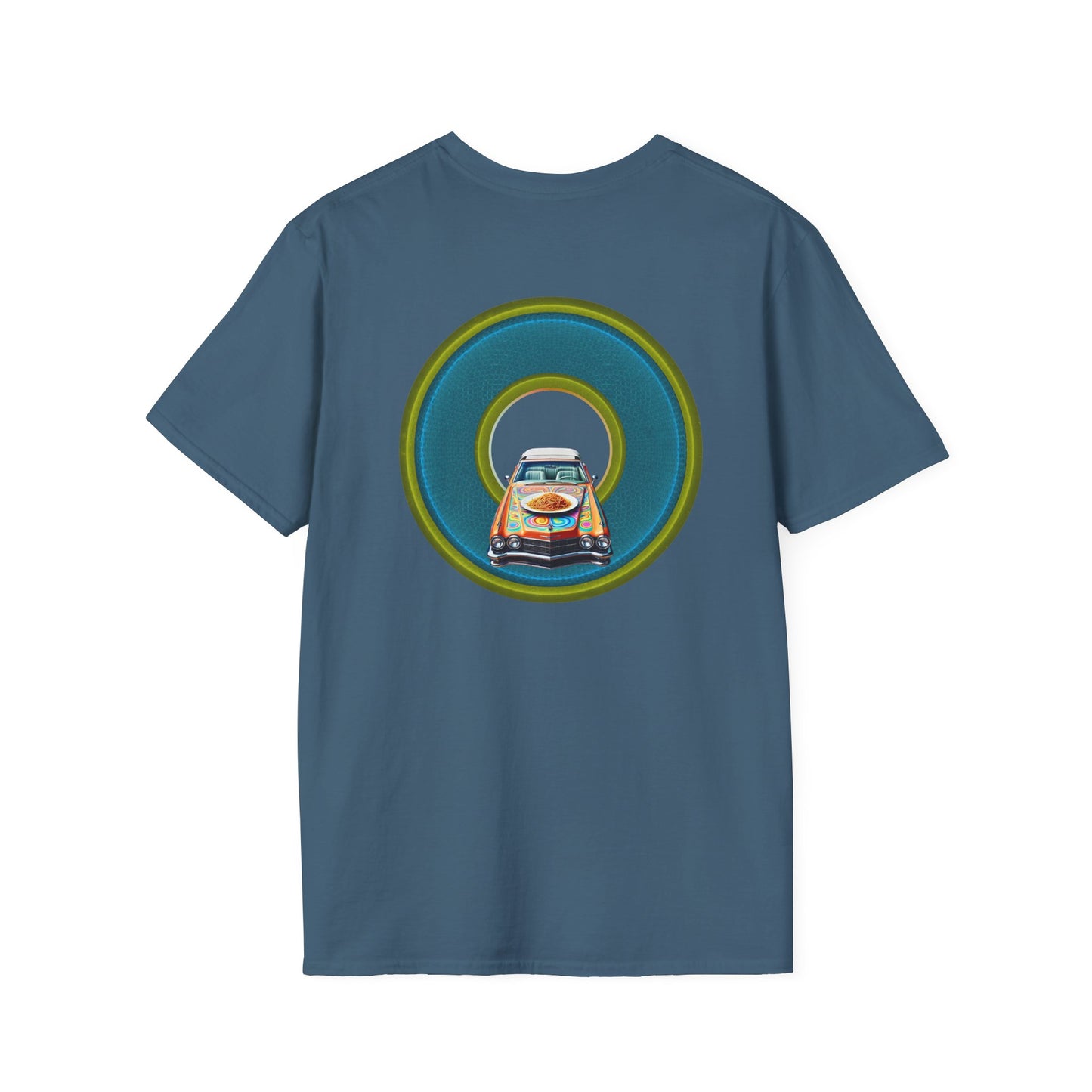 Classic Donut Tee - Unisex Soft-Style - "Cadillac Rainbow Spaghetti Incident" - series 1.0  - variant 1 - blue/green donut