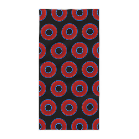 Lumpy Donut Towels - vivid red donuts w/black background