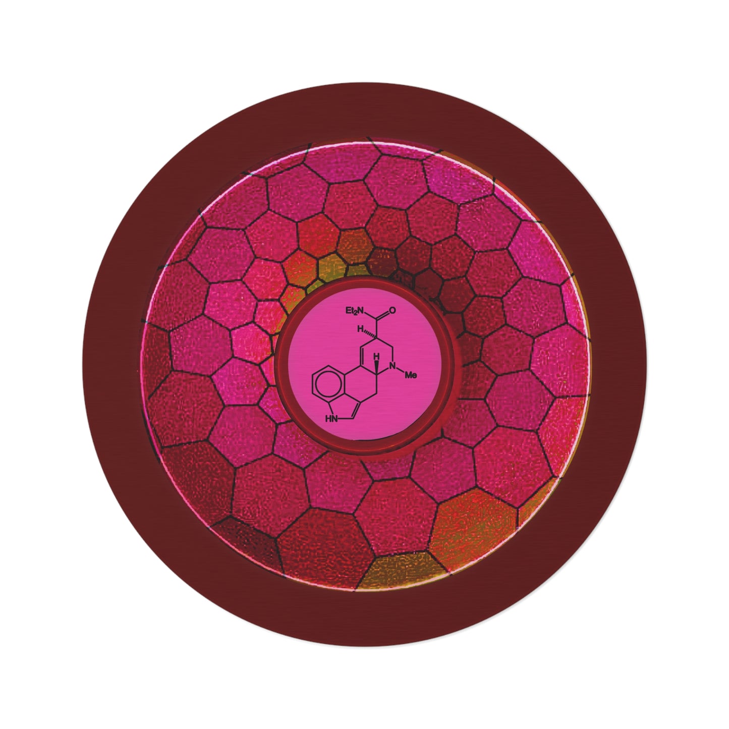 Round Room - 5 ft x 5 ft Lumpy Donut Rug - "Dr. Albert Hofmann's Donut" - magenta hexadonut w/dark red background - variant 1