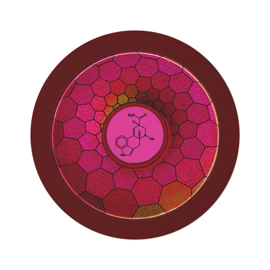 Round Room - 5 ft x 5 ft Lumpy Donut Rug - "Dr. Albert Hofmann's Donut" - magenta hexadonut w/dark red background - variant 1