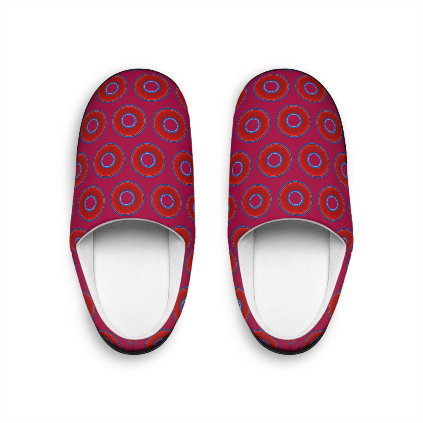 Men's Lumpy Slippers - red vivid donut print w/dark magenta background