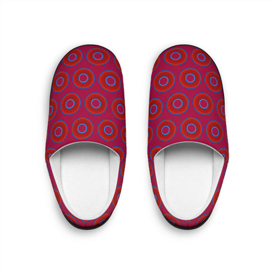 Men's Lumpy Slippers - red vivid donut print w/dark magenta background
