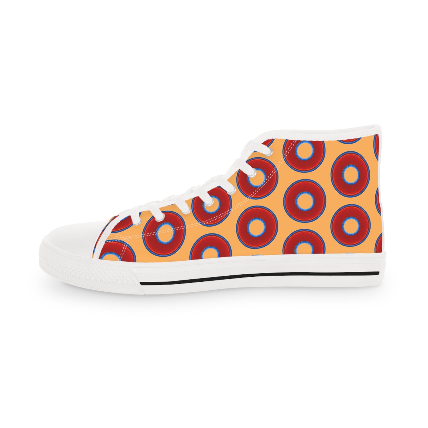 Men's High Top Chucks - large vivid red donut print w/creamsicle orange background
