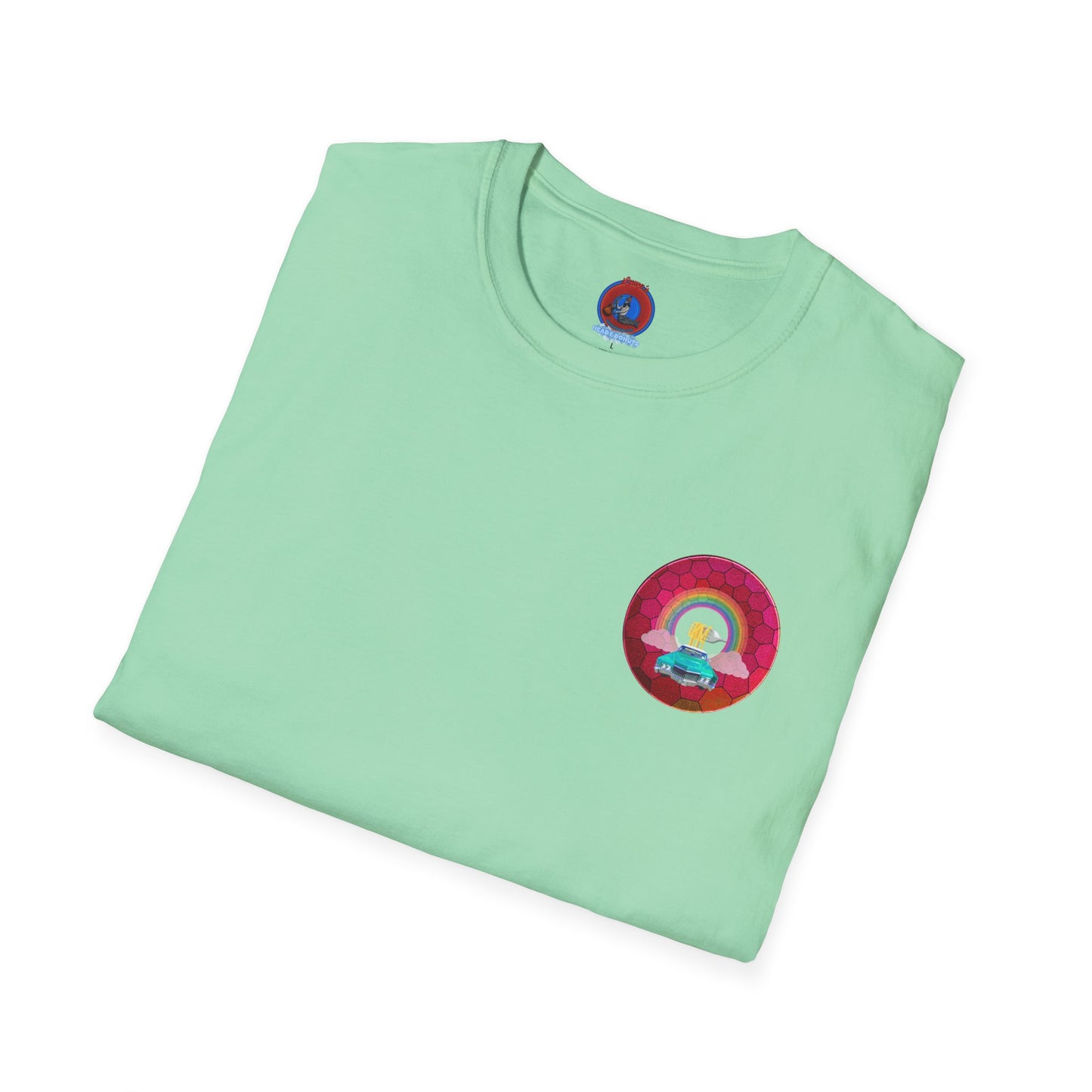 Classic Donut Tee - Unisex Soft-Style - "Cadillac Rainbows Donut Tee" - variant 3 - magenta hexadonut w/mint green caddy